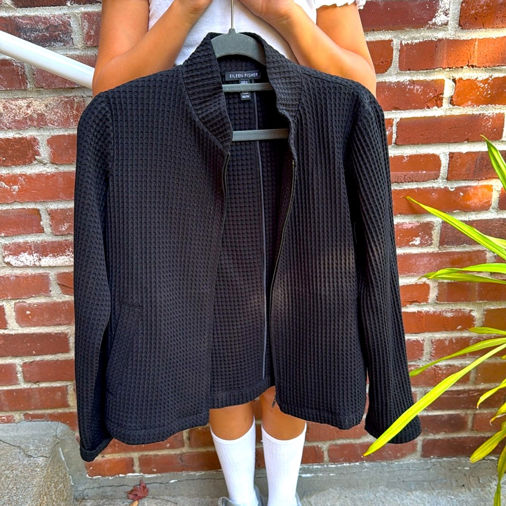 Eileen Fischer black waffle jacket, xs